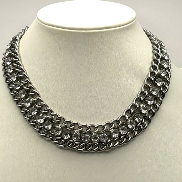 Cookie Lee Silver Tone Double Row Rhinestone Statement Adjustable Necklace - Picture 2 of 10